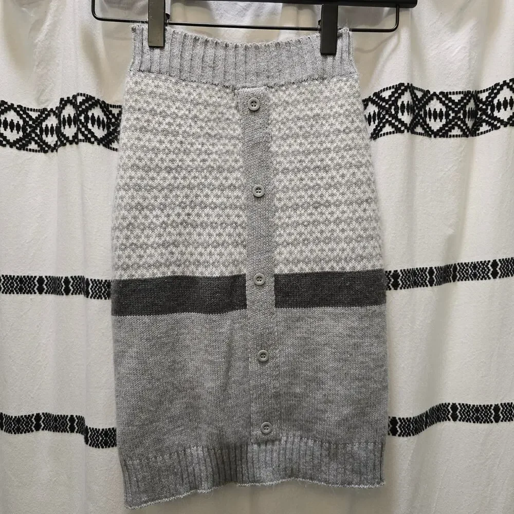 Vibrant Life cute gray white knit fuzzy button striped medium dog sweater button
